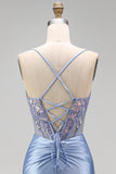 Appliqués floraux bleu poussiéreux Sequins Corset transparent Sirène fronceuse Robe longue de bal