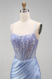 Appliqués floraux bleu poussiéreux Sequins Corset transparent Sirène fronceuse Robe longue de bal