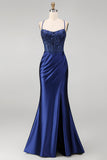 Corset fleuri bleu marine broderie sirène froncée en satin longue robe de bal avec fente latérale