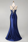 Corset fleuri bleu marine broderie sirène froncée en satin longue robe de bal avec fente latérale