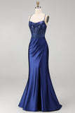 Corset fleuri bleu marine broderie sirène froncée en satin longue robe de bal avec fente latérale