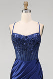 Corset fleuri bleu marine broderie sirène froncée en satin longue robe de bal avec fente latérale
