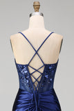 Corset fleuri bleu marine broderie sirène froncée en satin longue robe de bal avec fente latérale