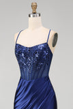 Corset fleuri bleu marine broderie sirène froncée en satin longue robe de bal avec fente latérale