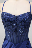 Corset fleuri bleu marine broderie sirène froncée en satin longue robe de bal avec fente latérale