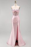 Corset rose perlé en satin, longue robe de bal de bal avec fente latérale