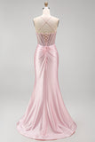 Corset rose perlé en satin, longue robe de bal de bal avec fente latérale