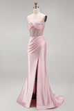 Corset rose perlé en satin, longue robe de bal de bal avec fente latérale