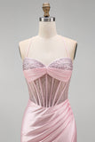 Corset rose perlé en satin, longue robe de bal de bal avec fente latérale