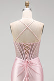 Corset rose perlé en satin, longue robe de bal de bal avec fente latérale