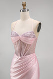 Corset rose perlé en satin, longue robe de bal de bal avec fente latérale