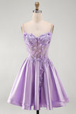 Corset A-Line Lilas transparent 3D avec fleurs perlées et robe courte de rentrée avec volants
