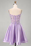 Corset A-Line Lilas transparent 3D avec fleurs perlées et robe courte de rentrée avec volants