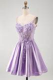 Corset A-Line Lilas transparent 3D avec fleurs perlées et robe courte de rentrée avec volants
