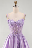 Corset A-Line Lilas transparent 3D avec fleurs perlées et robe courte de rentrée avec volants