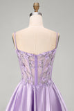 Corset A-Line Lilas transparent 3D avec fleurs perlées et robe courte de rentrée avec volants