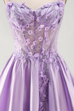 Corset A-Line Lilas transparent 3D avec fleurs perlées et robe courte de rentrée avec volants