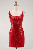 Robe courte de la rentrée courte en style Cortegeau Bordeaux Bodycon Sequins à col carré