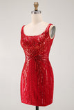 Robe courte de la rentrée courte en style Cortegeau Bordeaux Bodycon Sequins à col carré