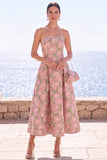 Robe Midi Jacquard sans bretelles en fleur rose