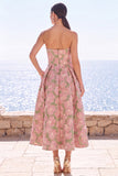 Robe Midi Jacquard sans bretelles en fleur rose