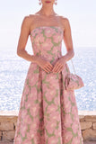Robe Midi Jacquard sans bretelles en fleur rose