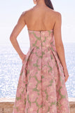 Robe Midi Jacquard sans bretelles en fleur rose
