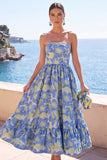 Robe fleurie Midi Jacquard A-Line Strap-short vert foncé avec volants