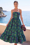 Robe fleurie Midi Jacquard A-Line Strap-short vert foncé avec volants