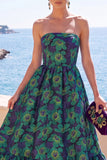 Robe fleurie Midi Jacquard A-Line Strap-short vert foncé avec volants
