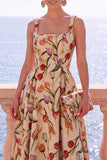 Robe Midi fleur jacquard à col carré abricot