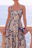 Robe Midi fleur jacquard à col carré abricot