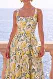 Robe Midi fleur jacquard à col carré abricot