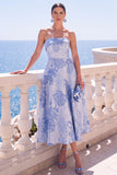 Robe Midi fleurie sans bretelles bleue Jacquard A-Line