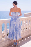 Robe Midi fleurie sans bretelles bleue Jacquard A-Line