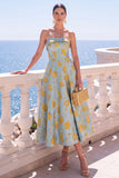 Robe Midi fleurie sans bretelles bleue Jacquard A-Line