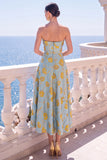 Robe Midi fleurie sans bretelles bleue Jacquard A-Line
