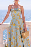 Robe Midi fleurie sans bretelles bleue Jacquard A-Line