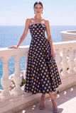 Robe Midi fleurie sans bretelles bleue Jacquard A-Line