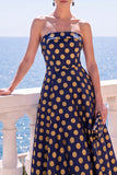 Robe Midi fleurie sans bretelles bleue Jacquard A-Line
