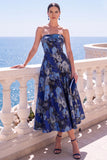 Robe Midi fleurie sans bretelles bleue Jacquard A-Line