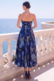 Robe Midi fleurie sans bretelles bleue Jacquard A-Line