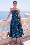 Robe Midi fleurie sans bretelles bleue Jacquard A-Line