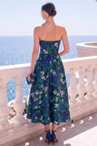 Robe Midi fleurie sans bretelles bleue Jacquard A-Line