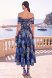 Robe midi en ligne A à fleur vert marine décollée sur l’épaule avec lacet dans le dos