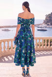 Robe midi en ligne A à fleur vert marine décollée sur l’épaule avec lacet dans le dos
