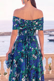 Robe midi en ligne A à fleur vert marine décollée sur l’épaule avec lacet dans le dos
