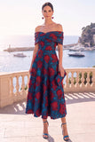 Robe midi en ligne A à fleur vert marine décollée sur l’épaule avec lacet dans le dos