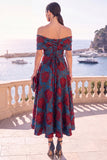 Robe midi en ligne A à fleur vert marine décollée sur l’épaule avec lacet dans le dos
