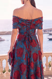 Robe midi en ligne A à fleur vert marine décollée sur l’épaule avec lacet dans le dos